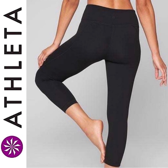Athleta Salutation Yoga Capri Powervita Crop Leggings Tights 591383 Black M - Picture 3 of 11